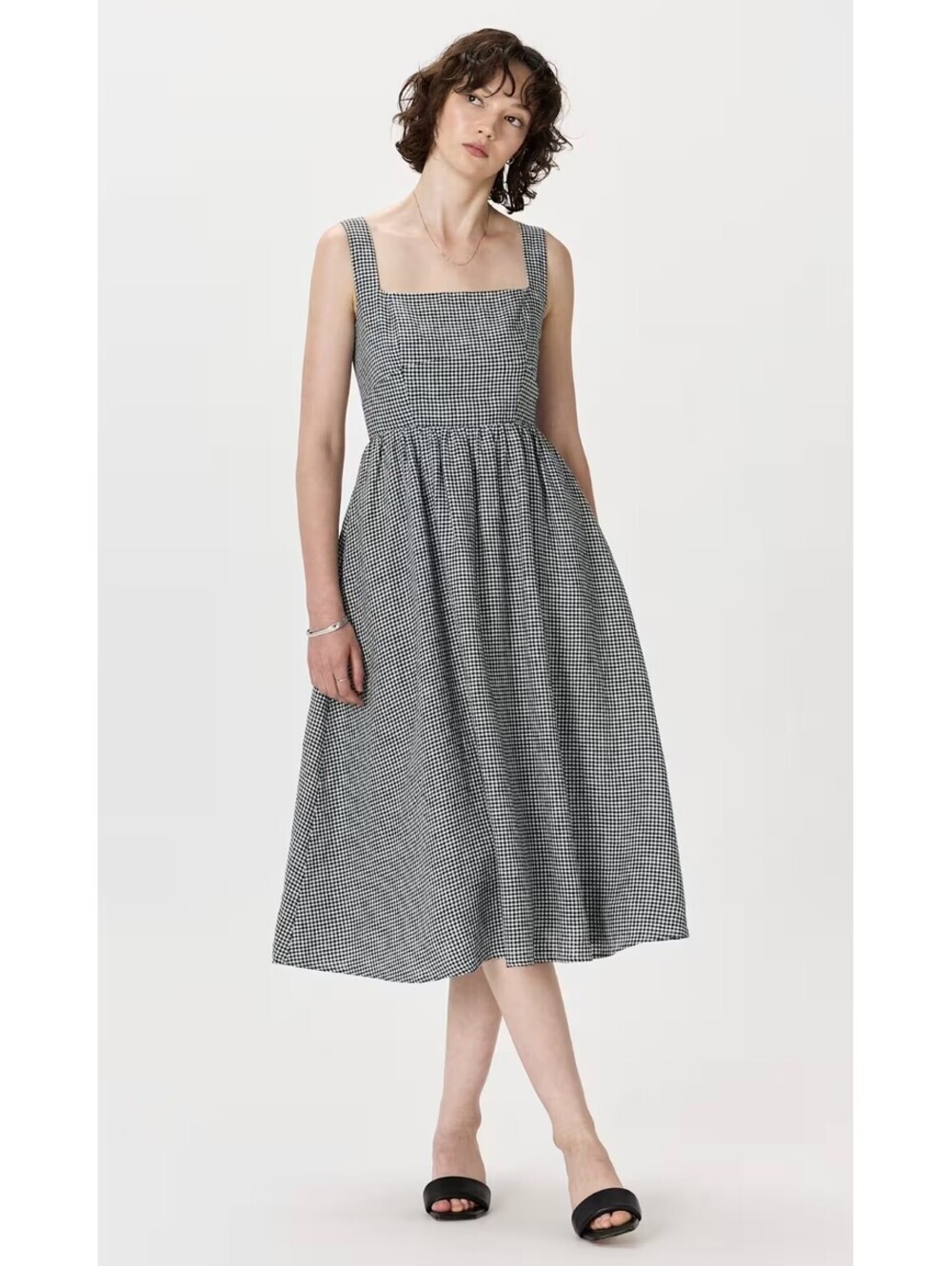 Quince Womens M 100% Linen Gingham Fit Flare Midi Dress Black White NWT